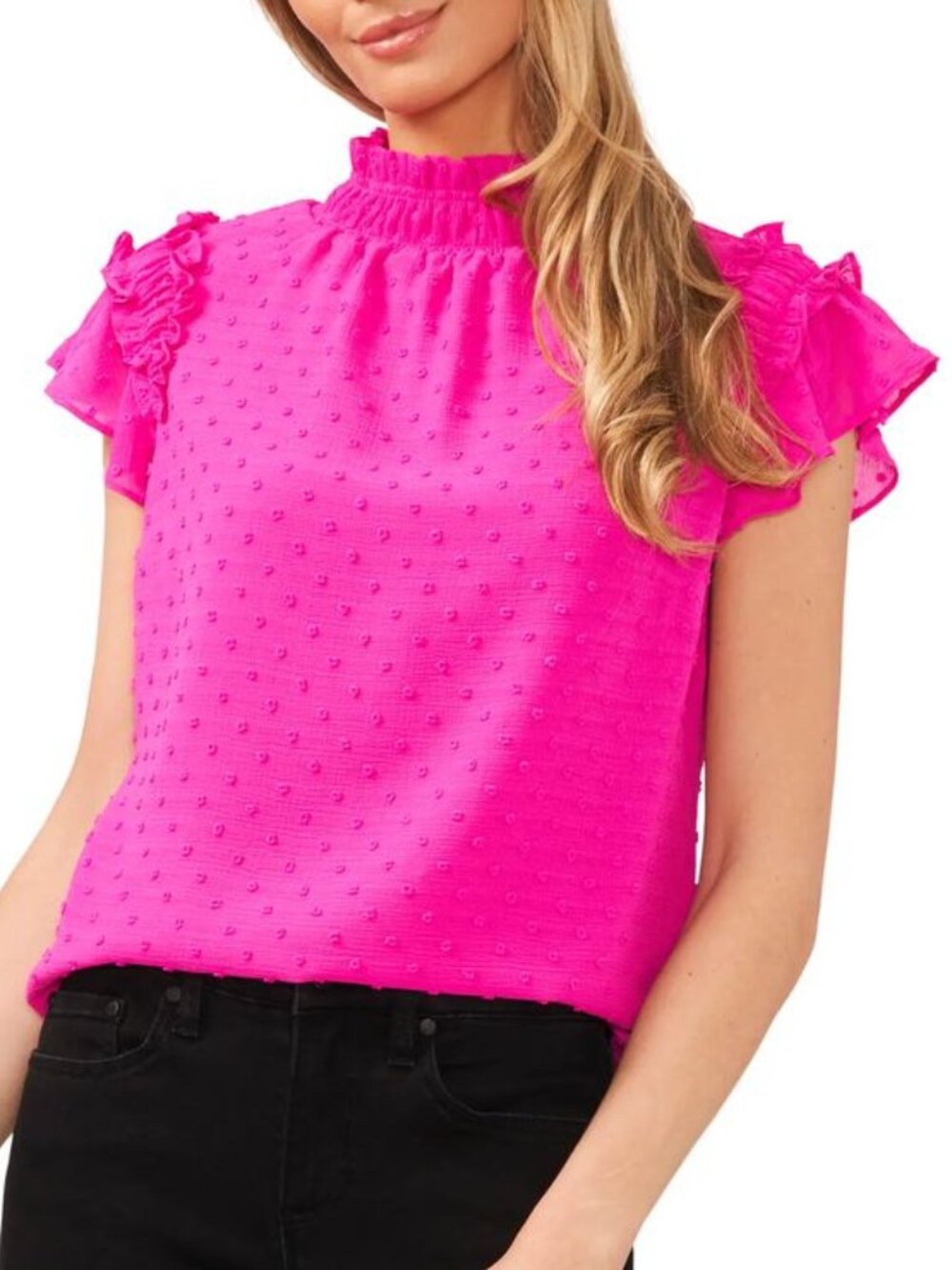CeCe Clip Dot Ruffle Mock Neck Crepe Top Neon Pink Cap Sleeve Blouse
